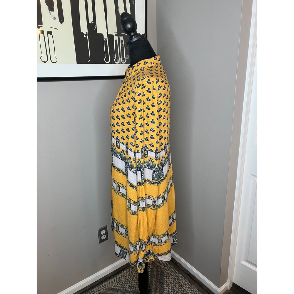 Free People‎ Flowy Long Sleeve Mini Dress Yellow Print Medium Festival Boho - Picture 2 of 6